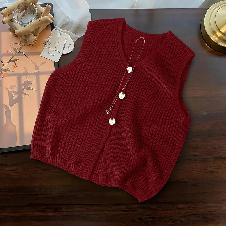 Fiovanne | Women's Knit Cozy Cardigan Sweater V-Neck Vest Single Breasted Sleeveless Casual Commute Tops — Burgundy