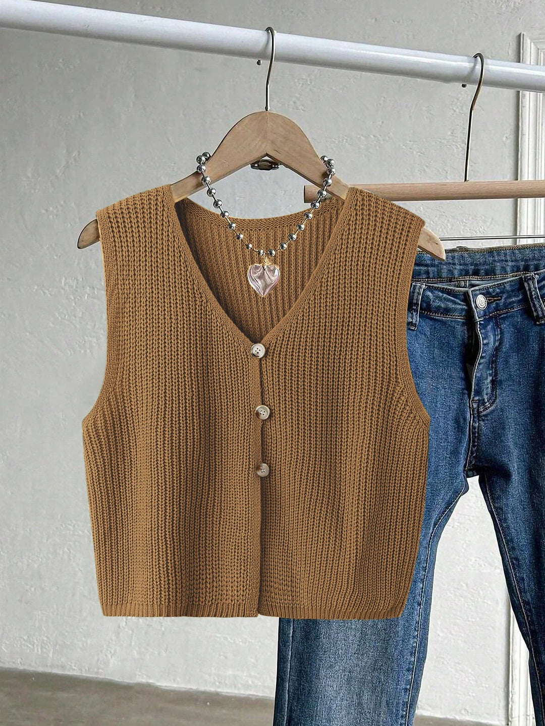 Fiovanne | Women's Knit Cozy Cardigan Sweater V-Neck Vest Single Breasted Sleeveless Casual Commute Tops — camel
