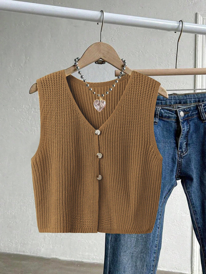Fiovanne | Women's Knit Cozy Cardigan Sweater V-Neck Vest Single Breasted Sleeveless Casual Commute Tops — camel