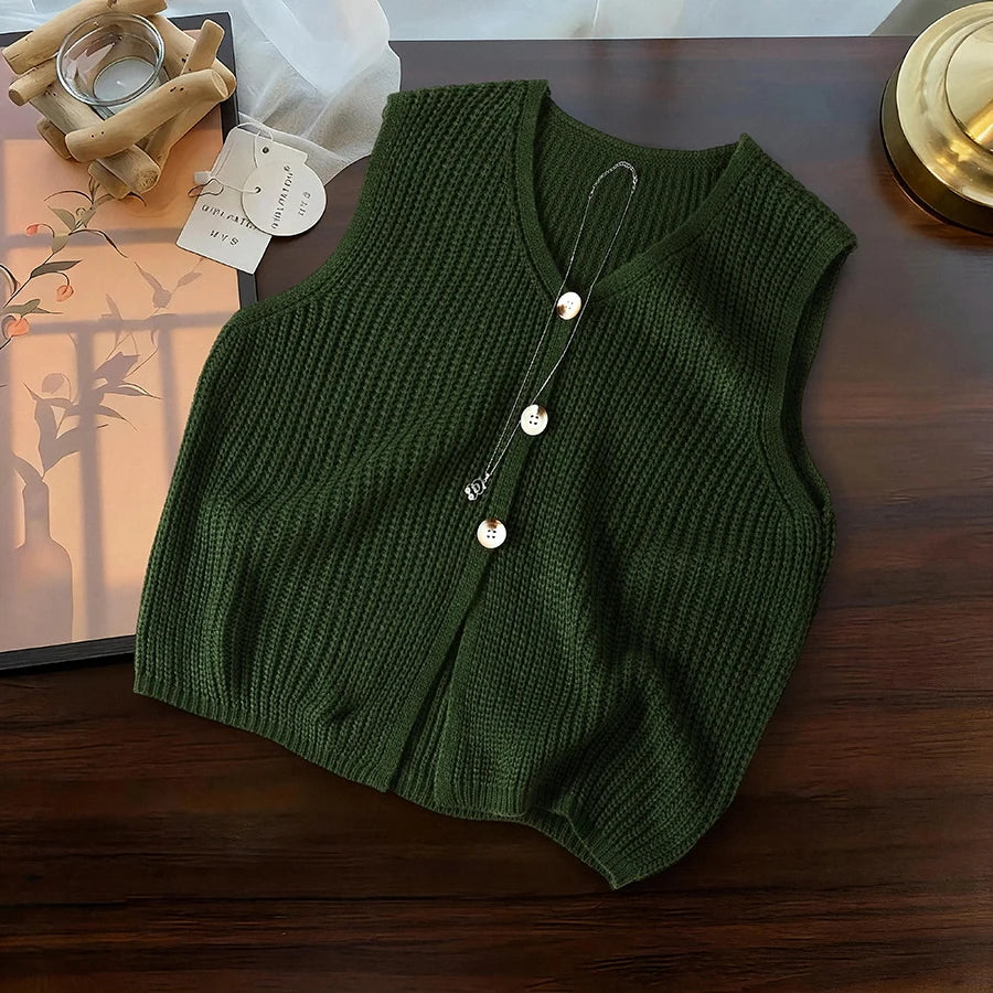 Fiovanne | Women's Knit Cozy Cardigan Sweater V-Neck Vest Single Breasted Sleeveless Casual Commute Tops — green