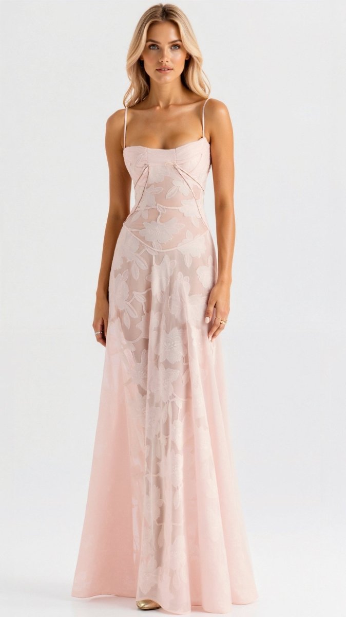  Female in a floral gala-style dress with slender straps and a graceful shape on a plain background.