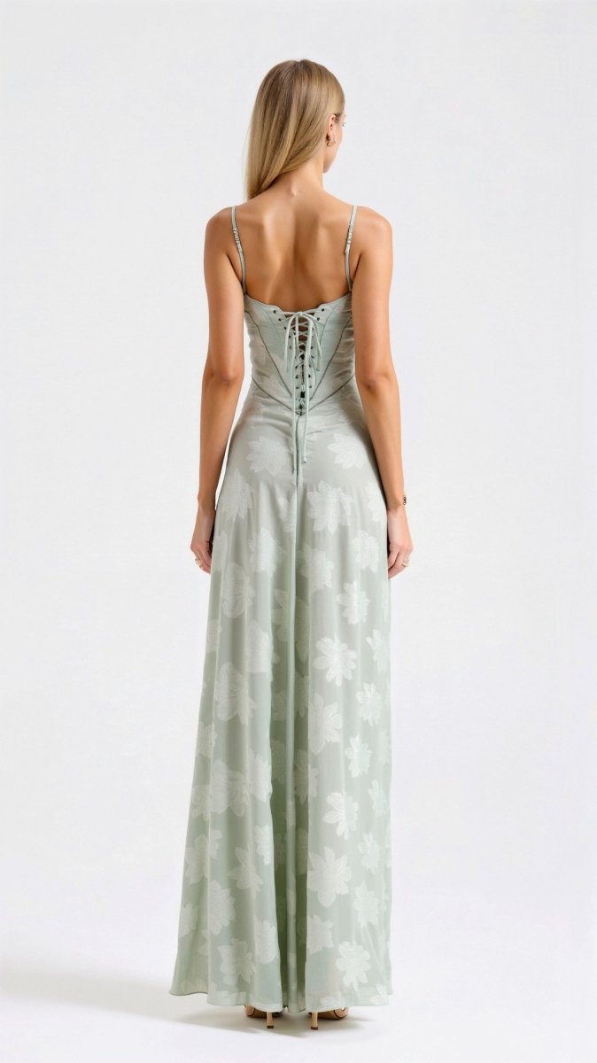  Female in a long floral formal dress featuring slender shoulder straps on a plain background.