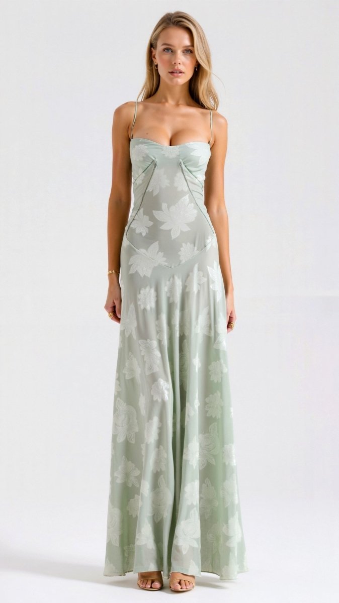  Woman wearing a floral maxi dress with an elegant drape against a plain background.
