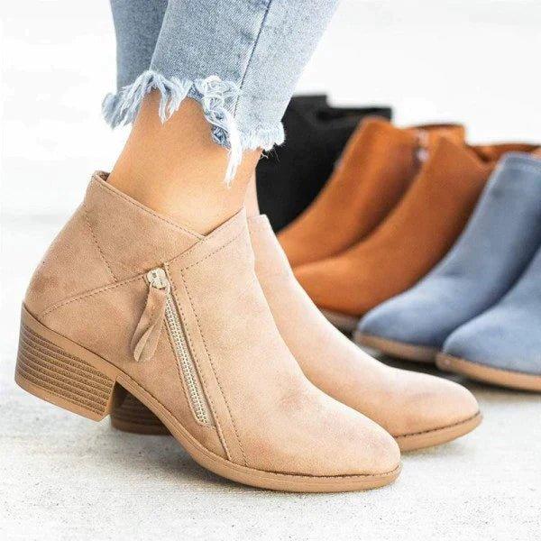 Florentina | Women's Western Style Knee-High Ankle Block Heel Side Zip Boots — Beige