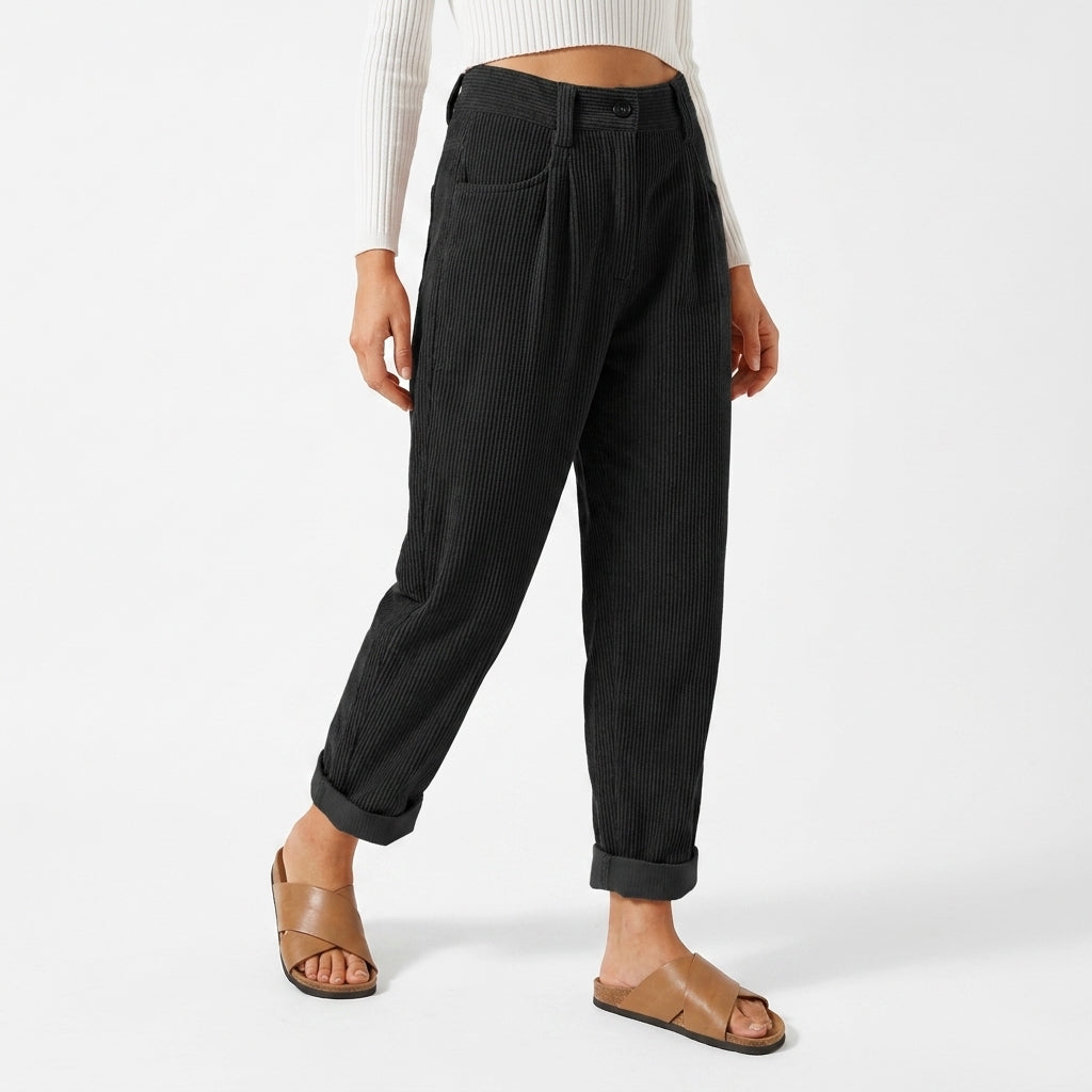 Flornalde | Women's Wide-Leg Tailored Pleated Corduroy Trousers — Black