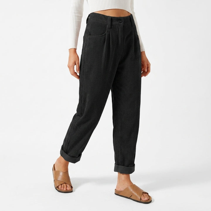 Flornalde | Women's Wide-Leg Tailored Pleated Corduroy Trousers — Black