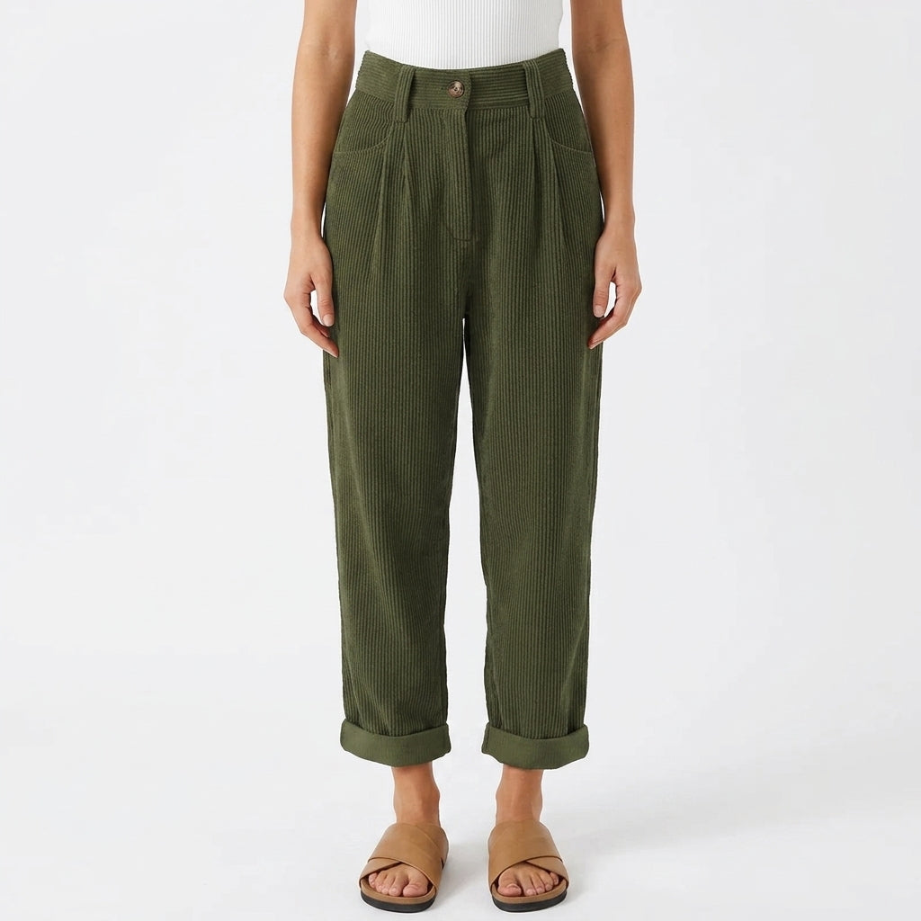 Flornalde | Women's Wide-Leg Tailored Pleated Corduroy Trousers — Green