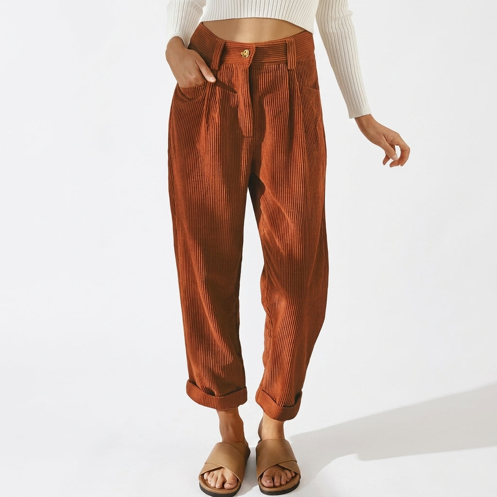 Flornalde | Women's Wide-Leg Tailored Pleated Corduroy Trousers — Orange