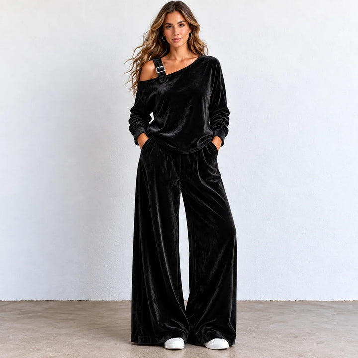 Flornella | Women's Matching Off-shoulder Velvet Wide-Leg Two-Piece Set — Black