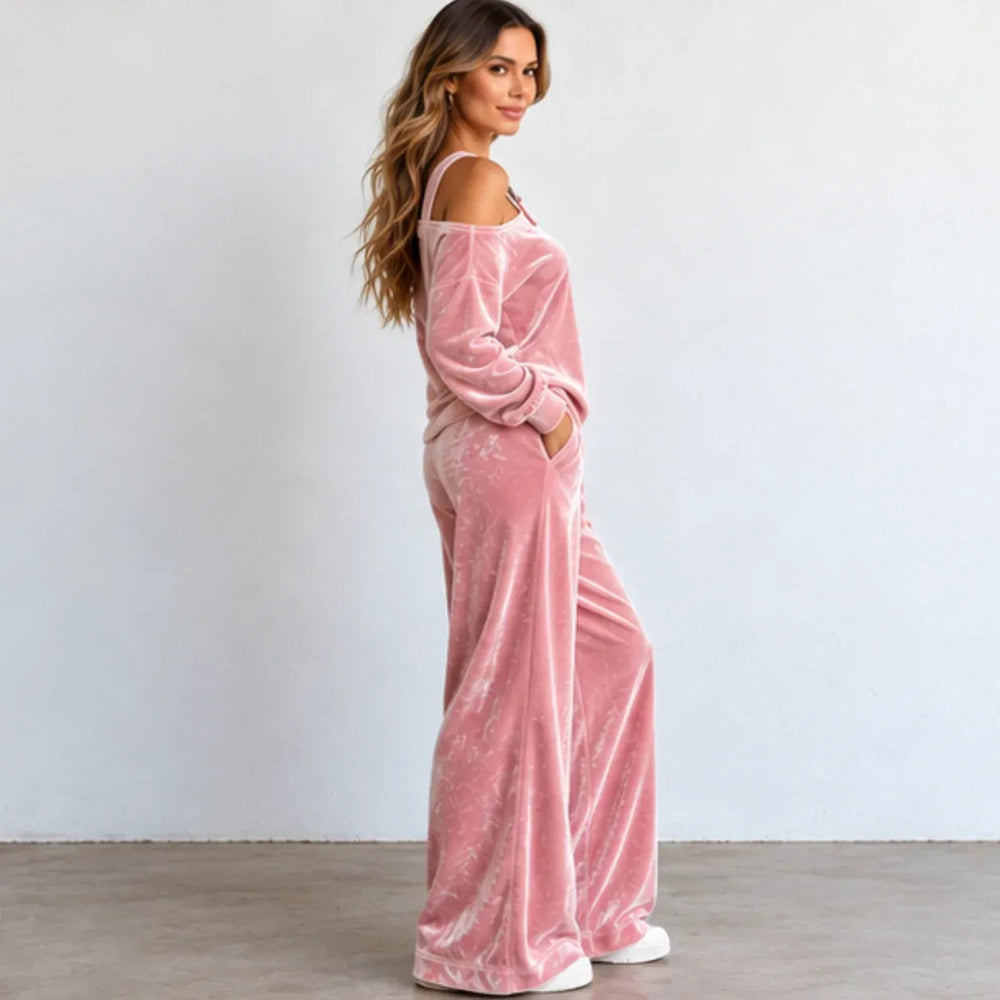 Flornella | Women's Matching Off-shoulder Velvet Wide-Leg Two-Piece Set — 2