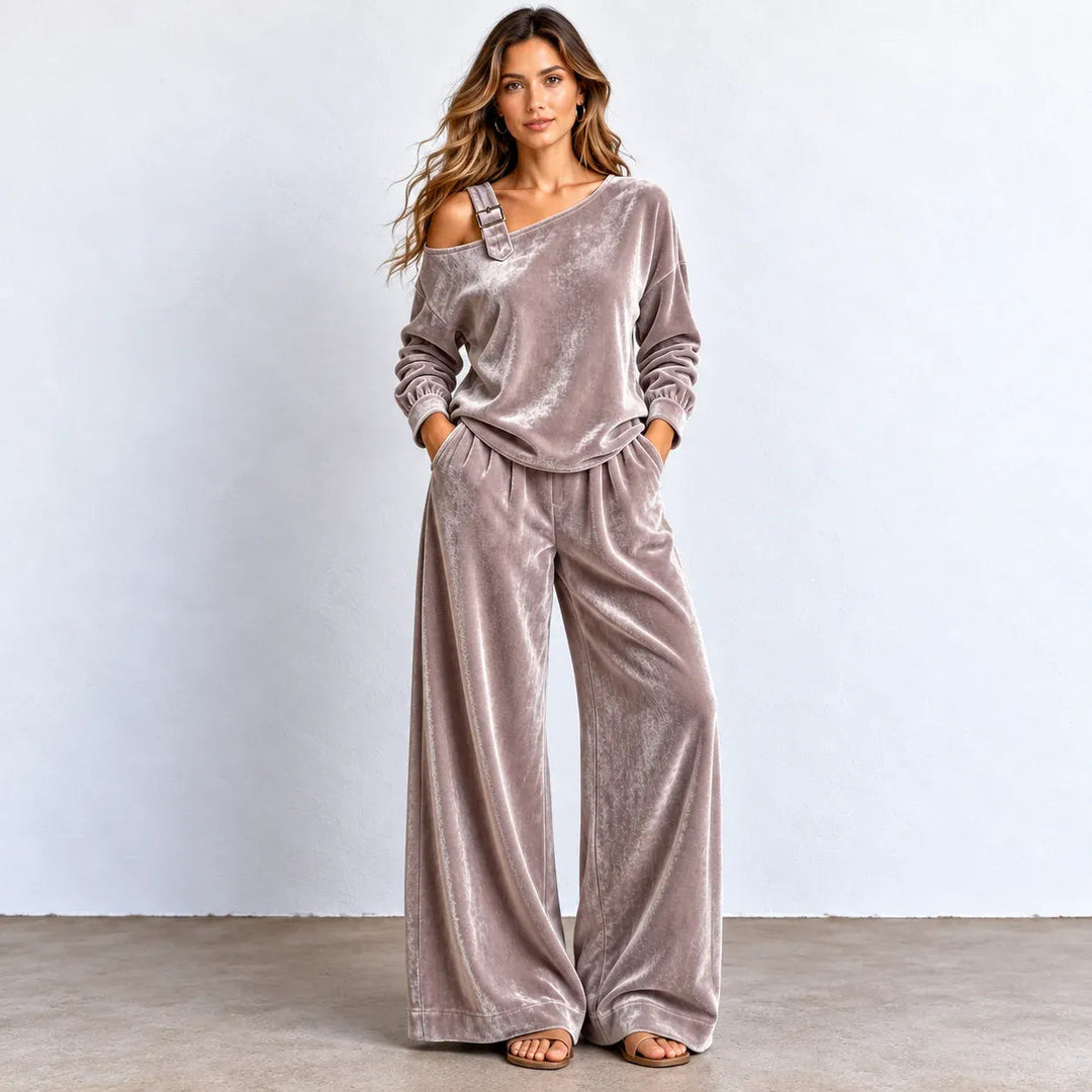 Flornella | Women's Matching Off-shoulder Velvet Wide-Leg Two-Piece Set — Coffee