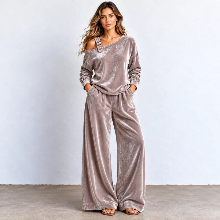 Flornella | Women's Matching Off-shoulder Velvet Wide-Leg Two-Piece Set — Coffee