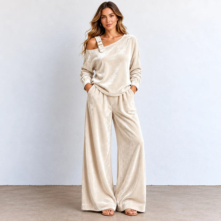 Flornella | Women's Matching Off-shoulder Velvet Wide-Leg Two-Piece Set — Khaki