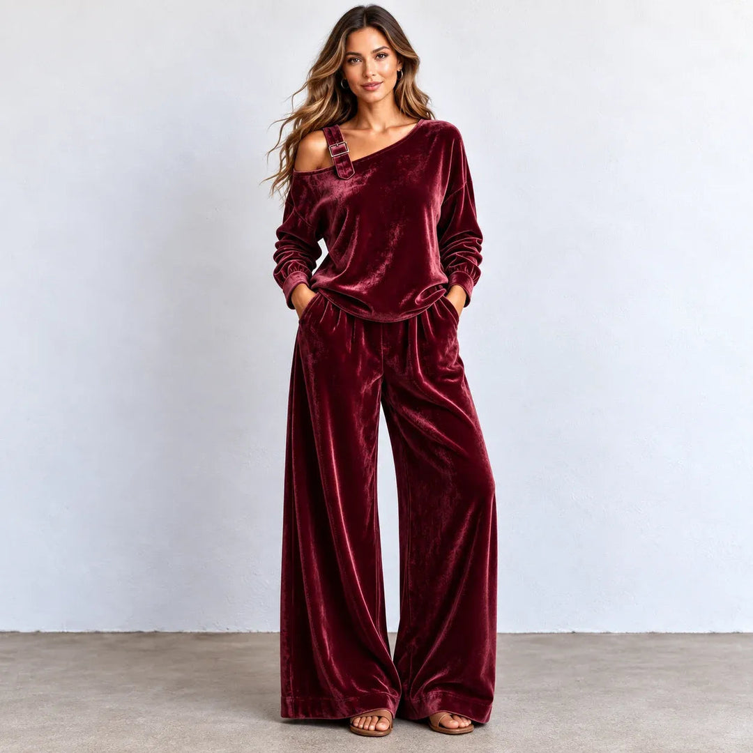 Flornella | Women's Matching Off-shoulder Velvet Wide-Leg Two-Piece Set — Wine Red