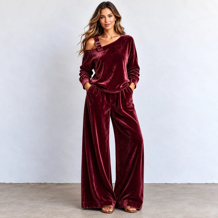 Flornella | Women's Matching Off-shoulder Velvet Wide-Leg Two-Piece Set — Wine Red
