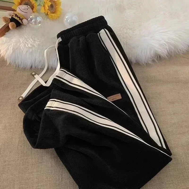 Flornique | Women's Tailored Striped Wide Leg Corduroy Pants — Black