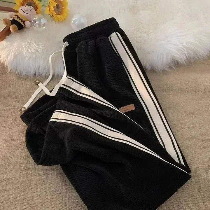 Flornique | Women's Tailored Striped Wide Leg Corduroy Pants — Black