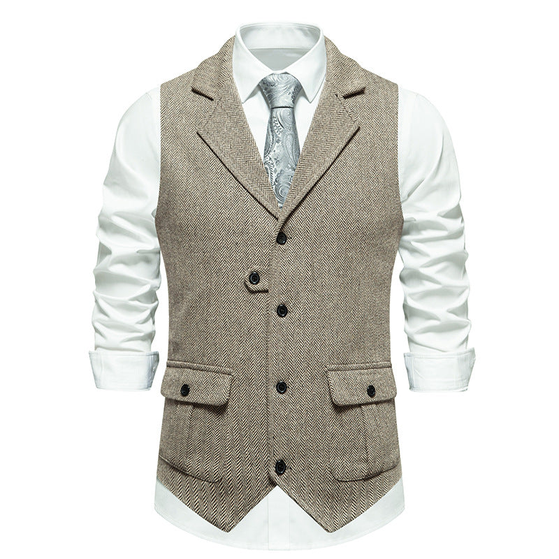 Modern formal vest look, plain gray background.