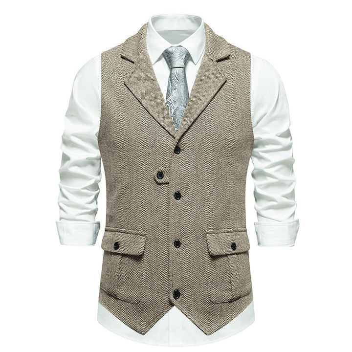 Modern formal vest look, plain gray background.