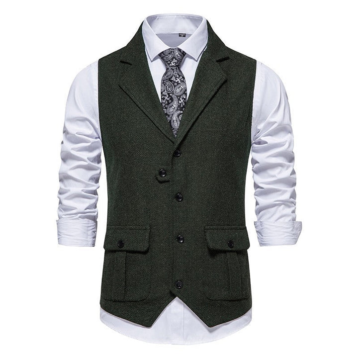 Fitted formal vest, front pose, gray background.
