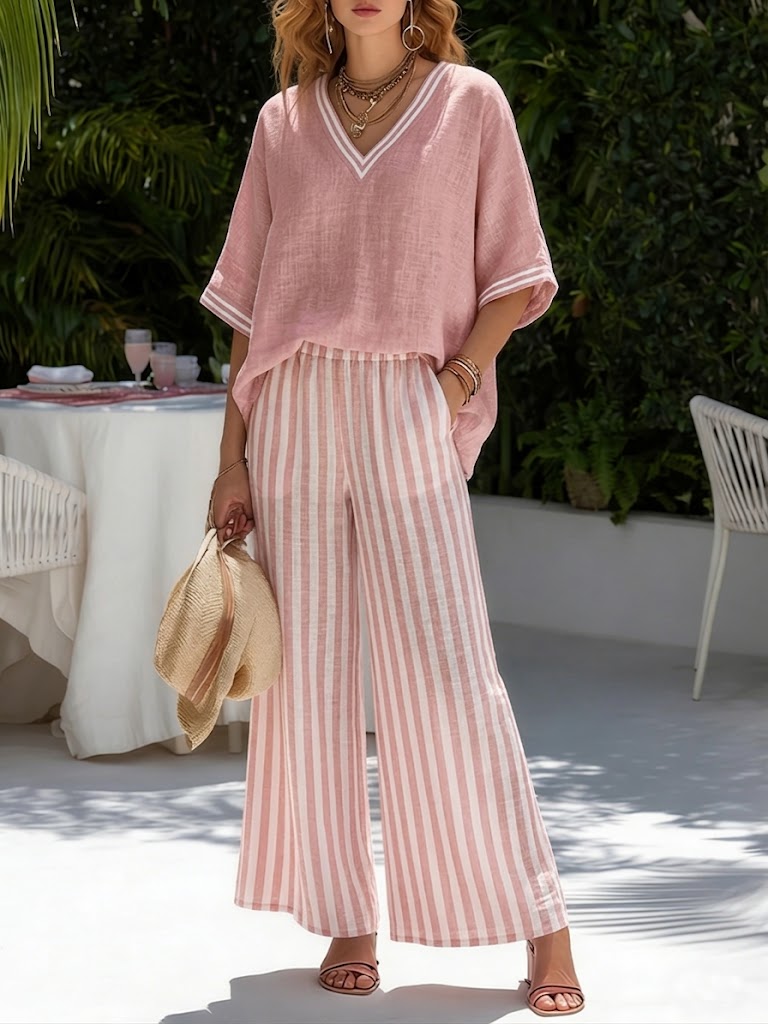 Model in a striped top and wide leg pants set with soft everyday styling on a plain background.