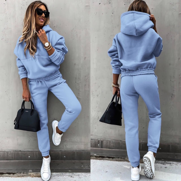 Galindique | Women's Matching Fleece Hoodie Two Piece Set with Drawstring Hood Kangaroo Pocket Relaxed Jogger Casual Style — Blue