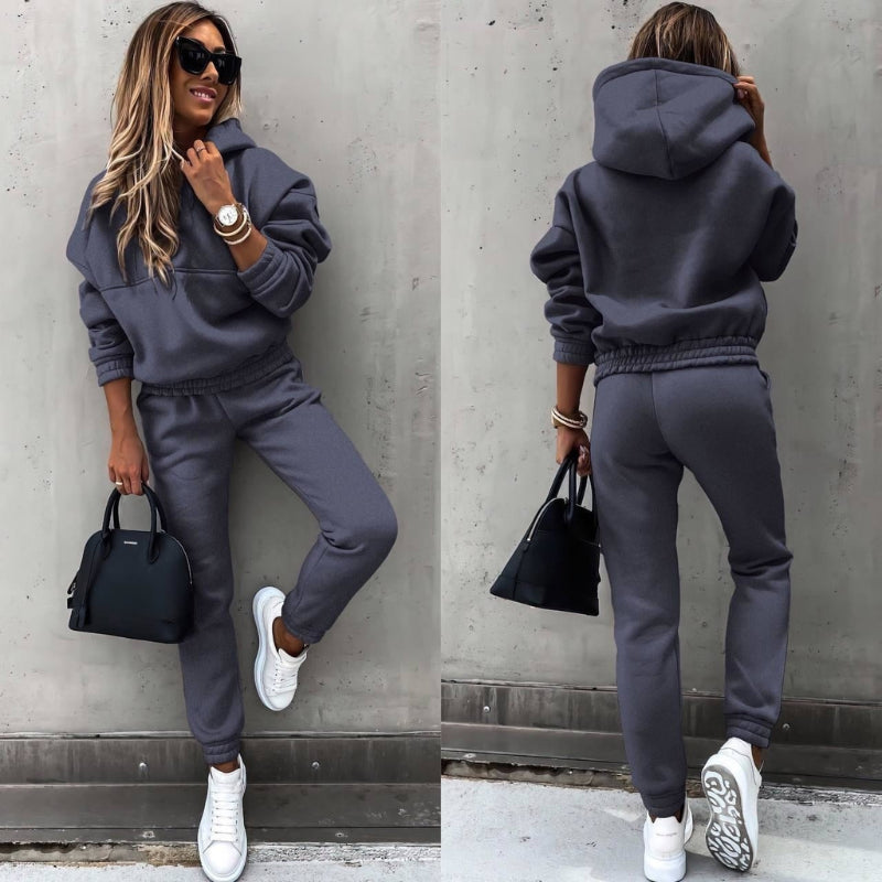 Galindique | Women's Matching Fleece Hoodie Two Piece Set with Drawstring Hood Kangaroo Pocket Relaxed Jogger Casual Style — Dark Grey