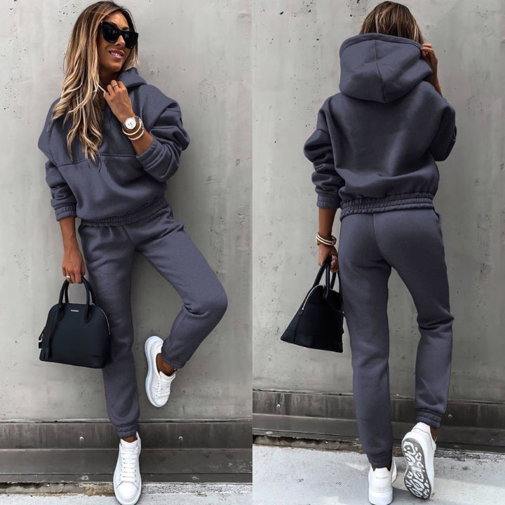 Galindique | Women's Matching Fleece Hoodie Two Piece Set with Drawstring Hood Kangaroo Pocket Relaxed Jogger Casual Style — Dark Grey