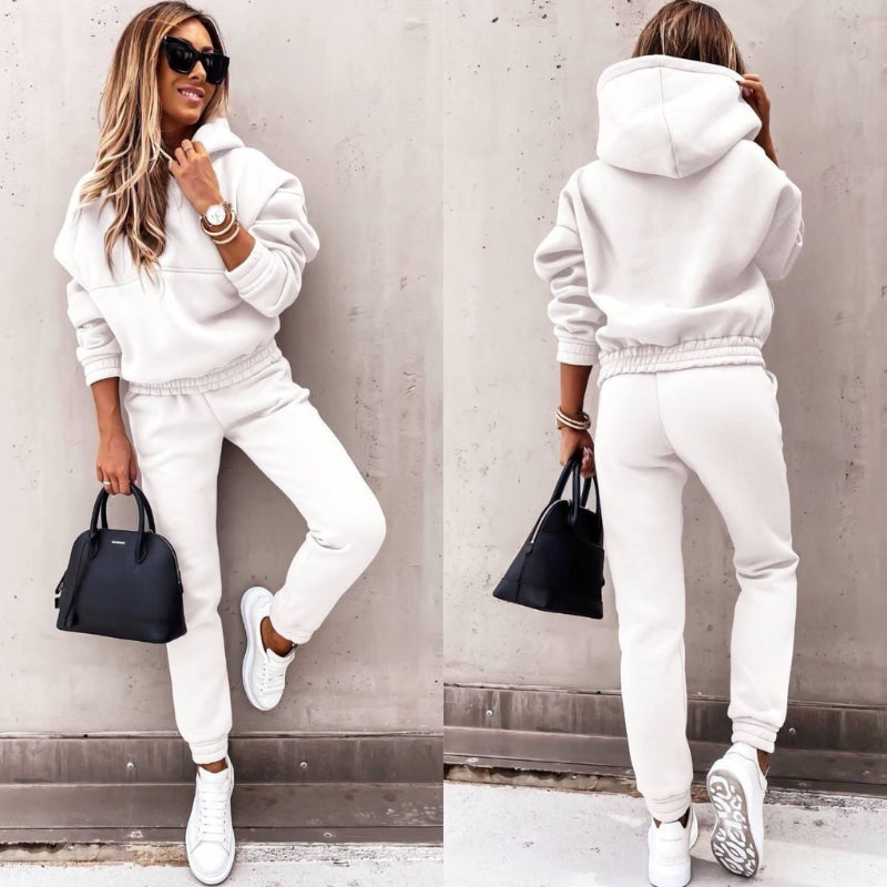 Galindique | Women's Matching Fleece Hoodie Two Piece Set with Drawstring Hood Kangaroo Pocket Relaxed Jogger Casual Style — White