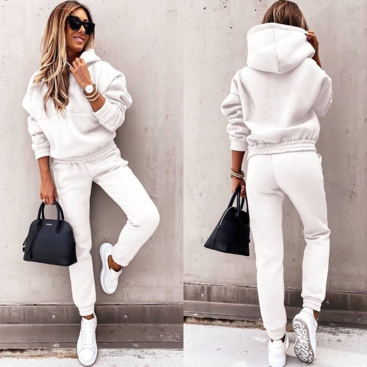 Galindique | Women's Matching Fleece Hoodie Two Piece Set with Drawstring Hood Kangaroo Pocket Relaxed Jogger Casual Style — White