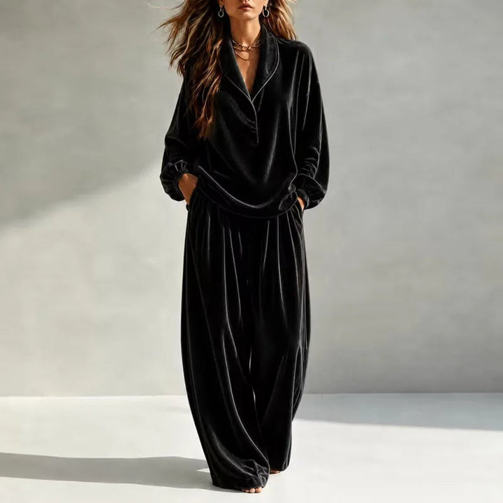 Galindynne | Women's Casual Stretch Velvet Wide Leg Set — Black