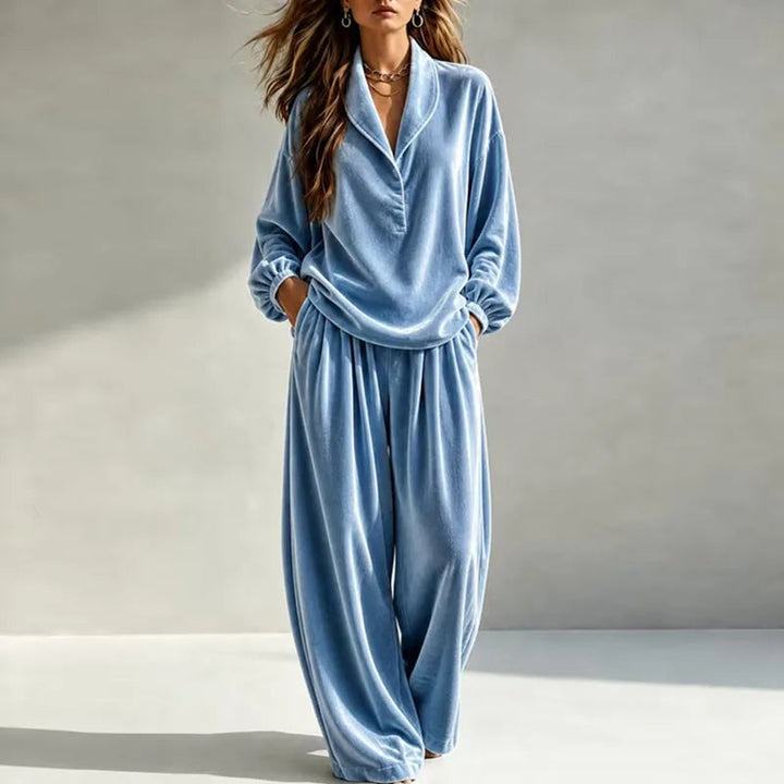 Galindynne | Women's Casual Stretch Velvet Wide Leg Set — Blue