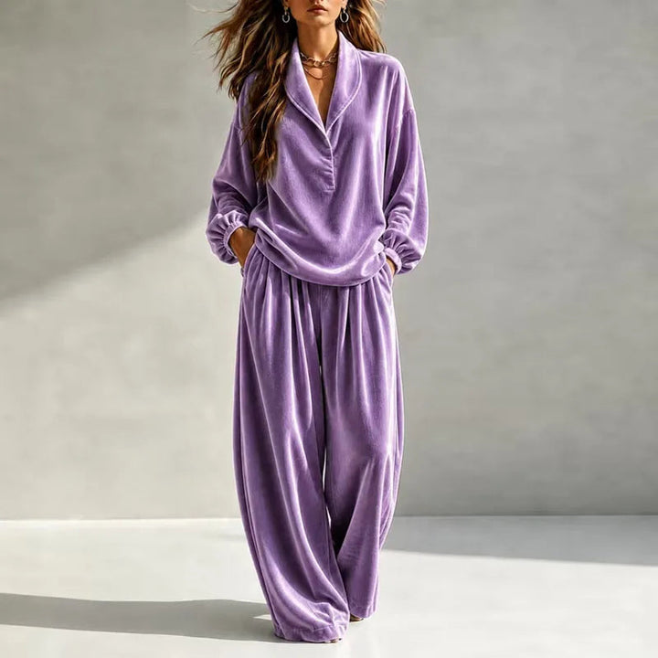 Galindynne | Women's Casual Stretch Velvet Wide Leg Set — 1