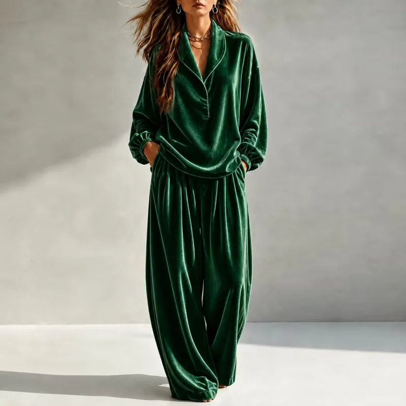 Galindynne | Women's Casual Stretch Velvet Wide Leg Set — Green
