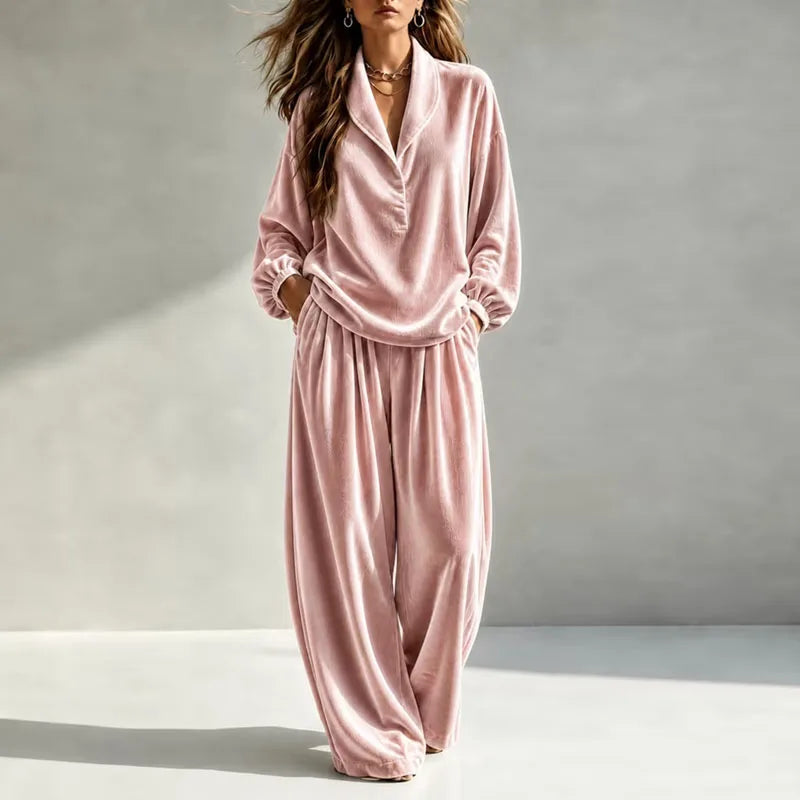 Galindynne | Women's Casual Stretch Velvet Wide Leg Set — Pink