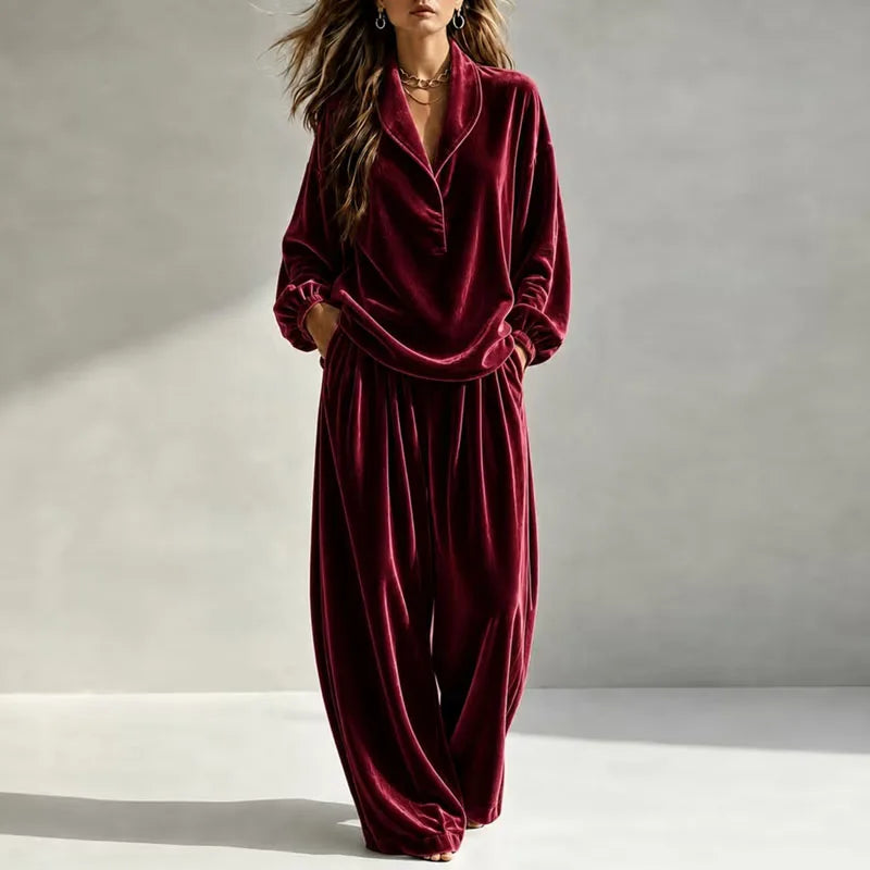 Galindynne | Women's Casual Stretch Velvet Wide Leg Set — Wine Red