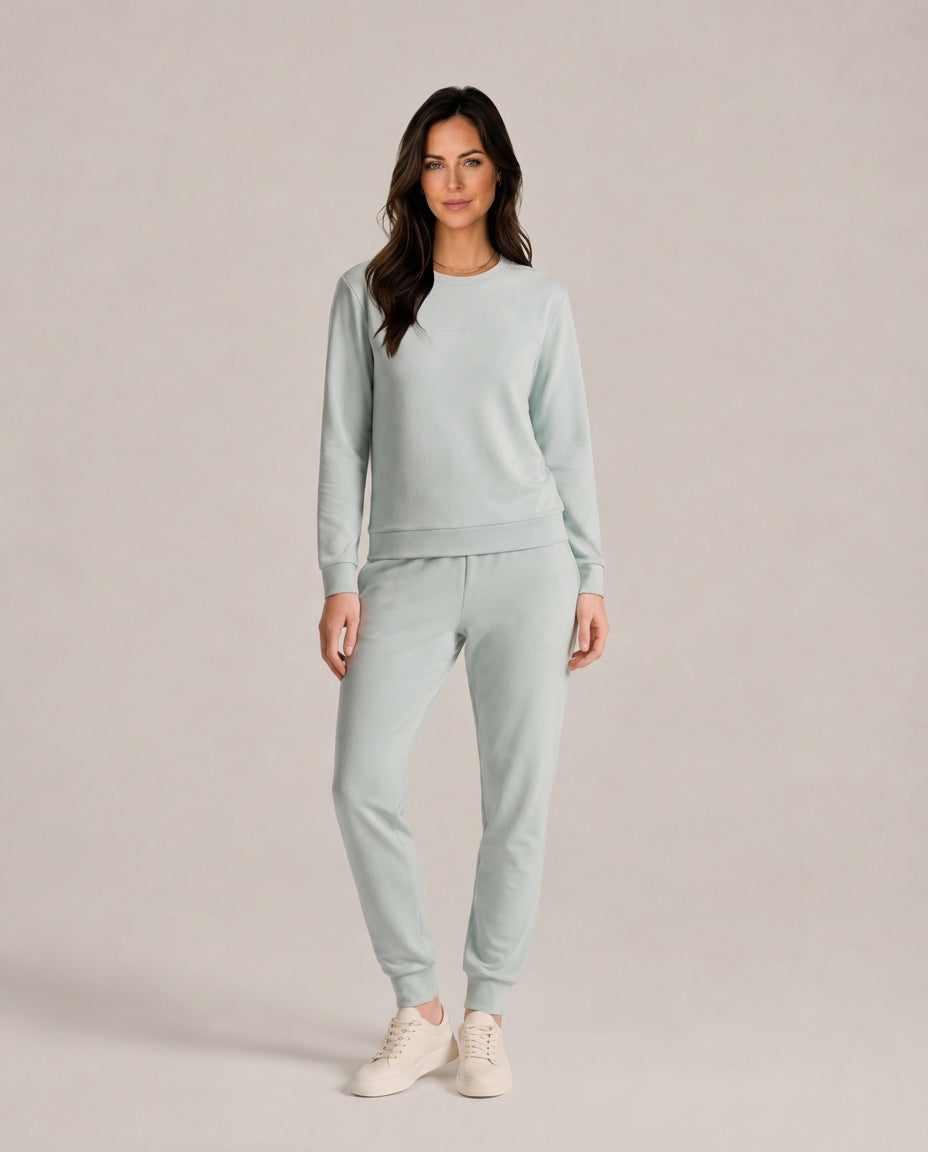 Garnetique | Women's Casual Stretch Thermal Velour Long Sleeve Lounge Set — Light Blue