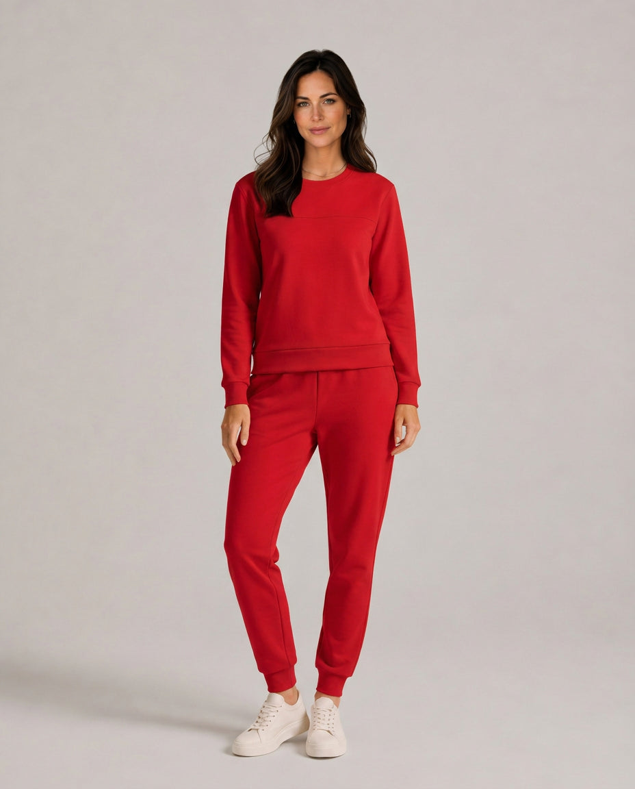 Garnetique | Women's Casual Stretch Thermal Velour Long Sleeve Lounge Set — Red
