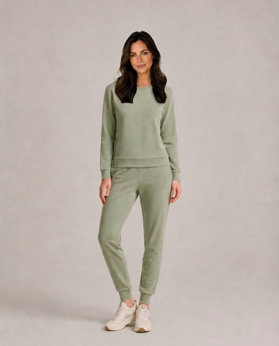 Garnetique | Women's Casual Stretch Thermal Velour Long Sleeve Lounge Set — Sage Green