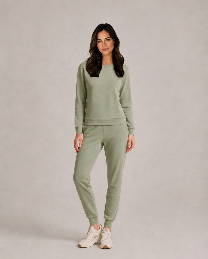 Garnetique | Women's Casual Stretch Thermal Velour Long Sleeve Lounge Set — Sage Green