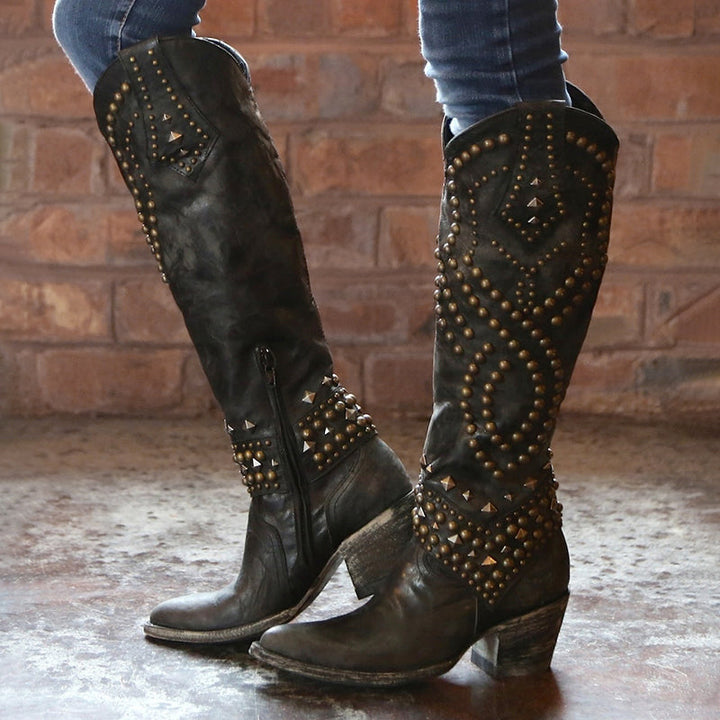 Giselvanne | Women's Vintage-Style Studded Western Boots — Black