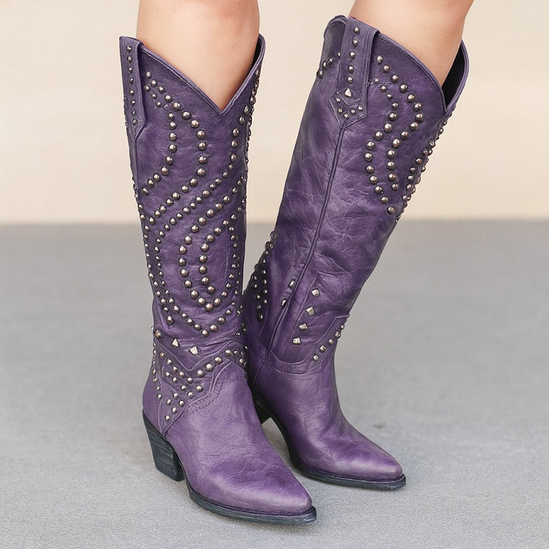 Giselvanne | Women's Vintage-Style Studded Western Boots — Purple