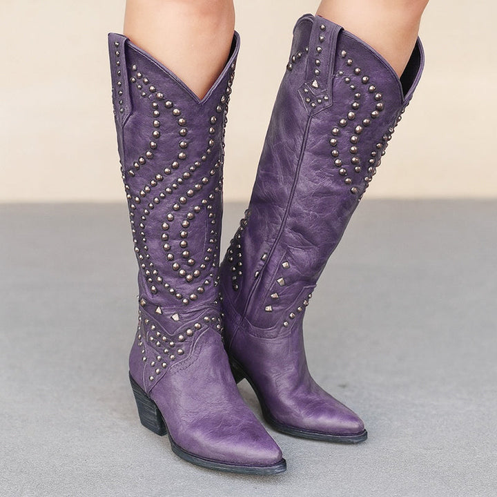 Giselvanne | Women's Vintage-Style Studded Western Boots — Purple