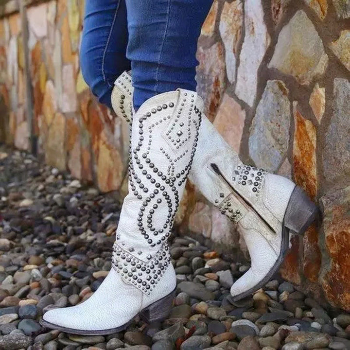 Giselvanne | Women's Vintage-Style Studded Western Boots — White