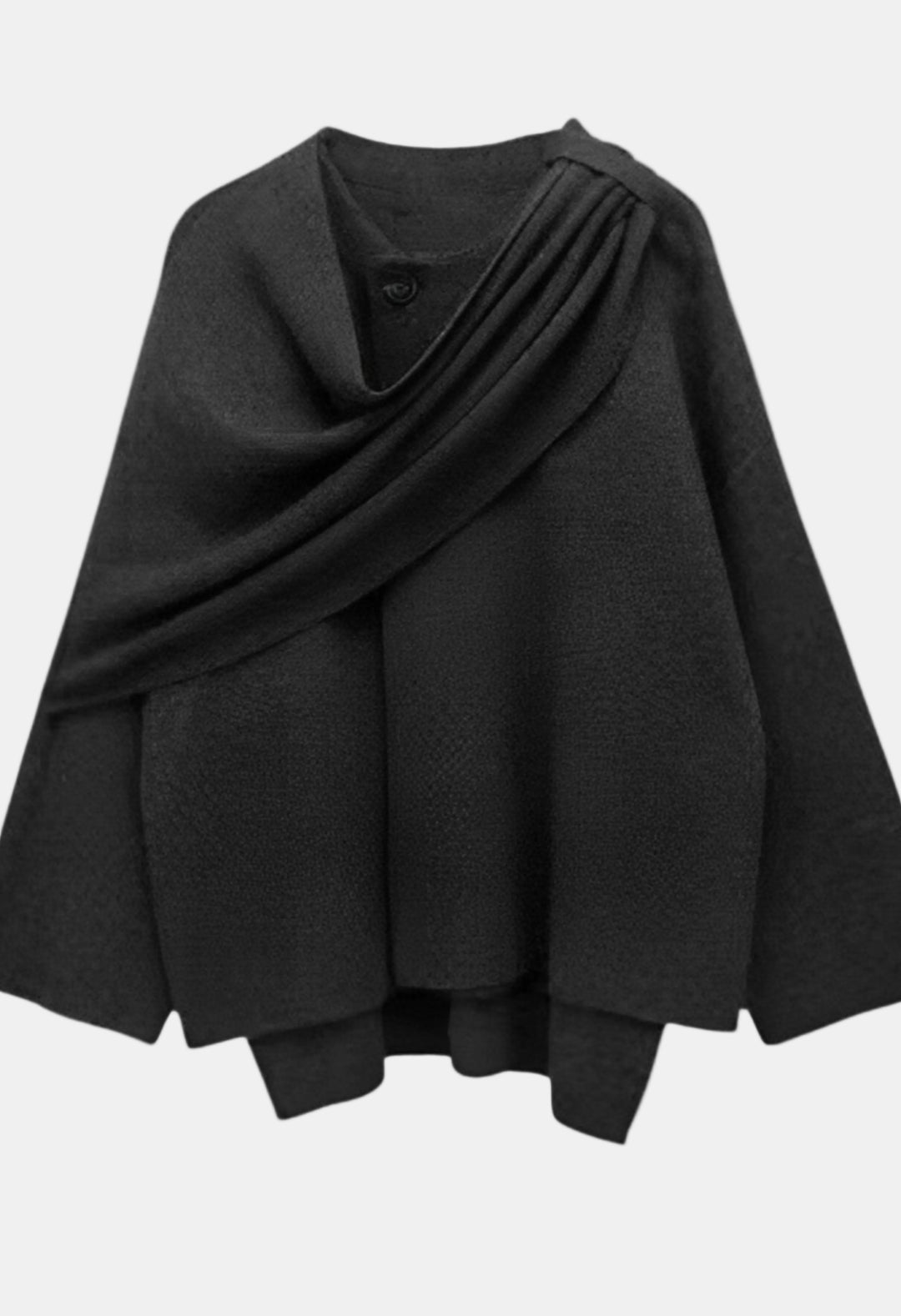 Giulia | Women's Casual Stretch Elegant Draped Cape with Button Detail Tops — Black