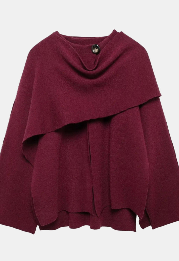 Giulia | Women's Casual Stretch Elegant Draped Cape with Button Detail Tops — Burgundy