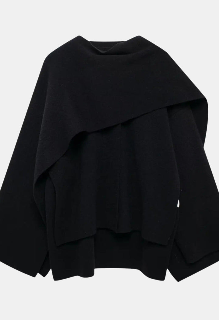 Giulia | Women's Casual Stretch Elegant Draped Cape with Button Detail Tops — Matte Black