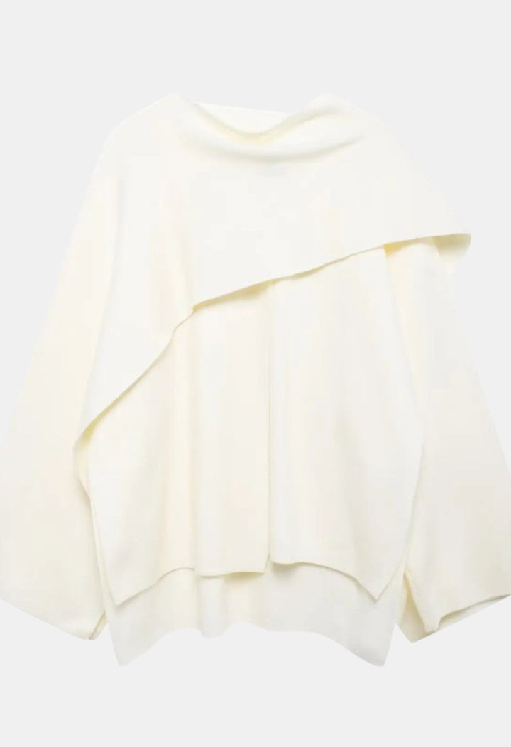 Giulia | Women's Casual Stretch Elegant Draped Cape with Button Detail Tops — White