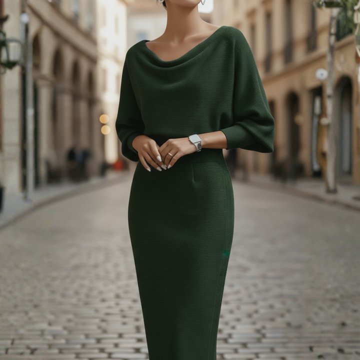 Woman wearing a fitted midi skirt dress with relaxed upper design