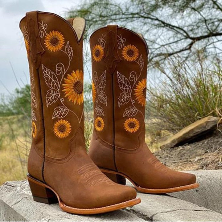 Gwenmira | Women's Orthopedic Floral Mid-Calf Boots — Brown